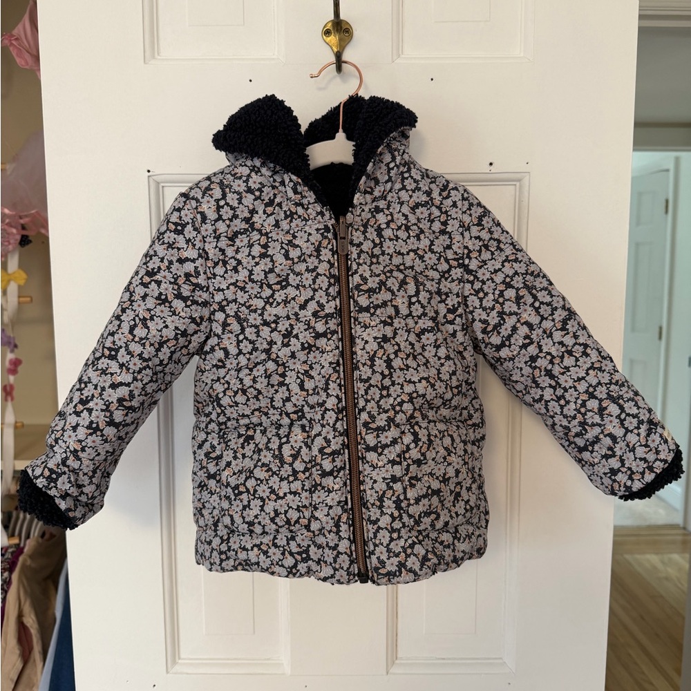 IKKS Reversible Sherpa Coat 3T Fits 2T Navy Floral Toddler Jacket Warm